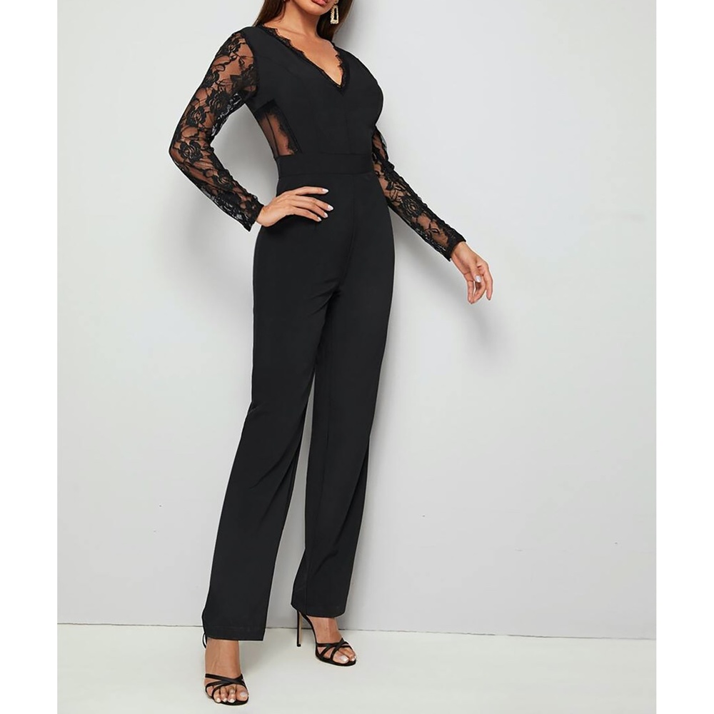 Black V Back Floral Mesh Lace Cocktail Jumpsuit - Picture 5 of 6